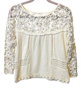 Guest Editor White Lace Blouse Small Boho Crochet Sheer Sleeve Cottagecore Top